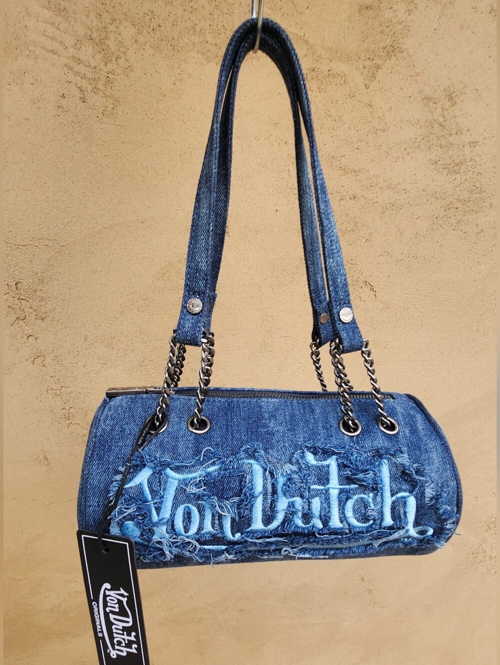 Von Dutch Distressed Denim Barrel Shoulder Bag - Picture 3 of 15